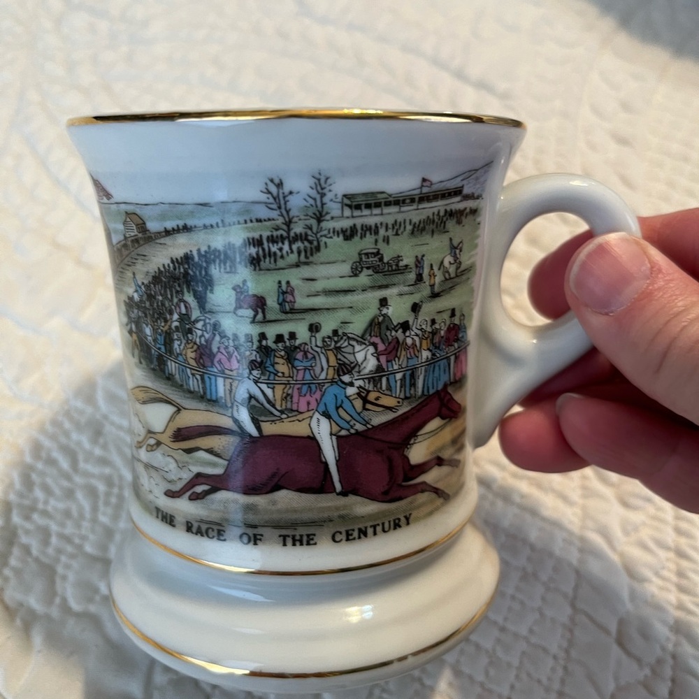 Cream Porcelain Shaving Mug with Gold Trim and Racing Scene